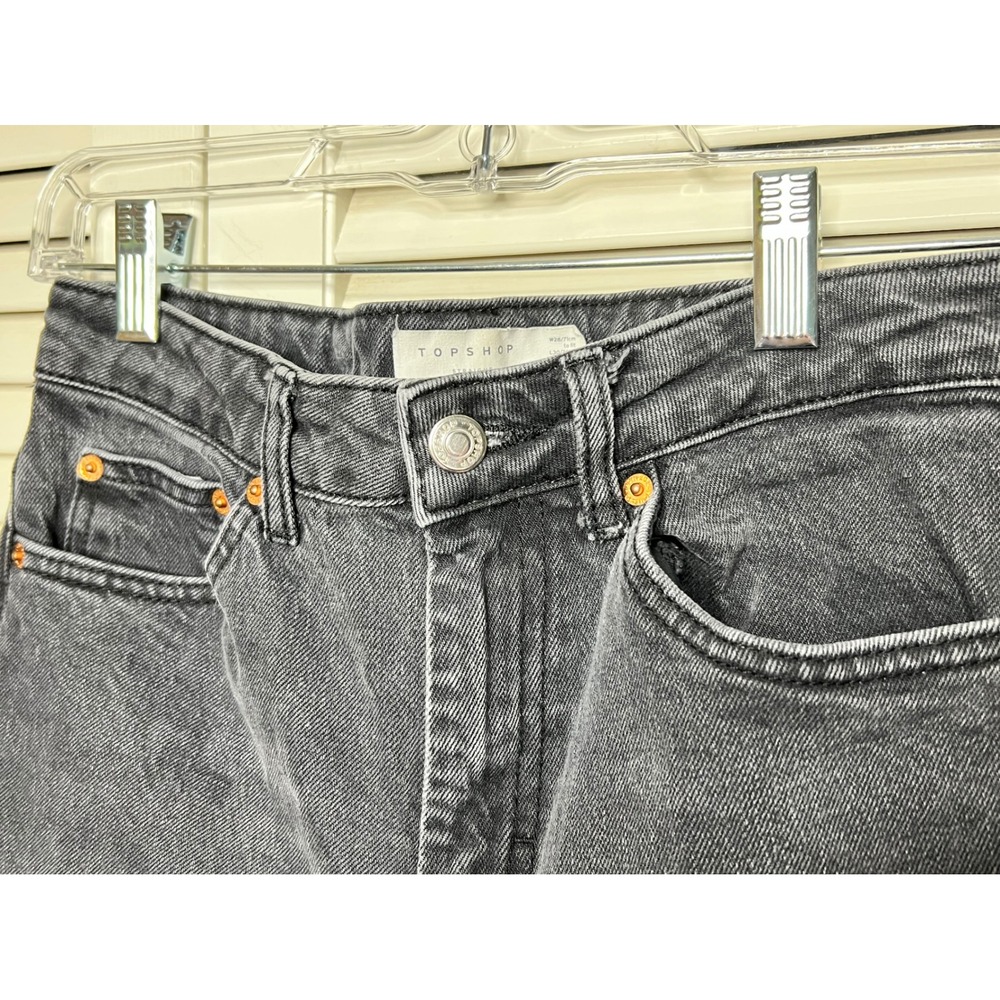 Topshop Straight Leg Jeans Black Wash Raw Hem Side Ankle Slit Cropped Size 28